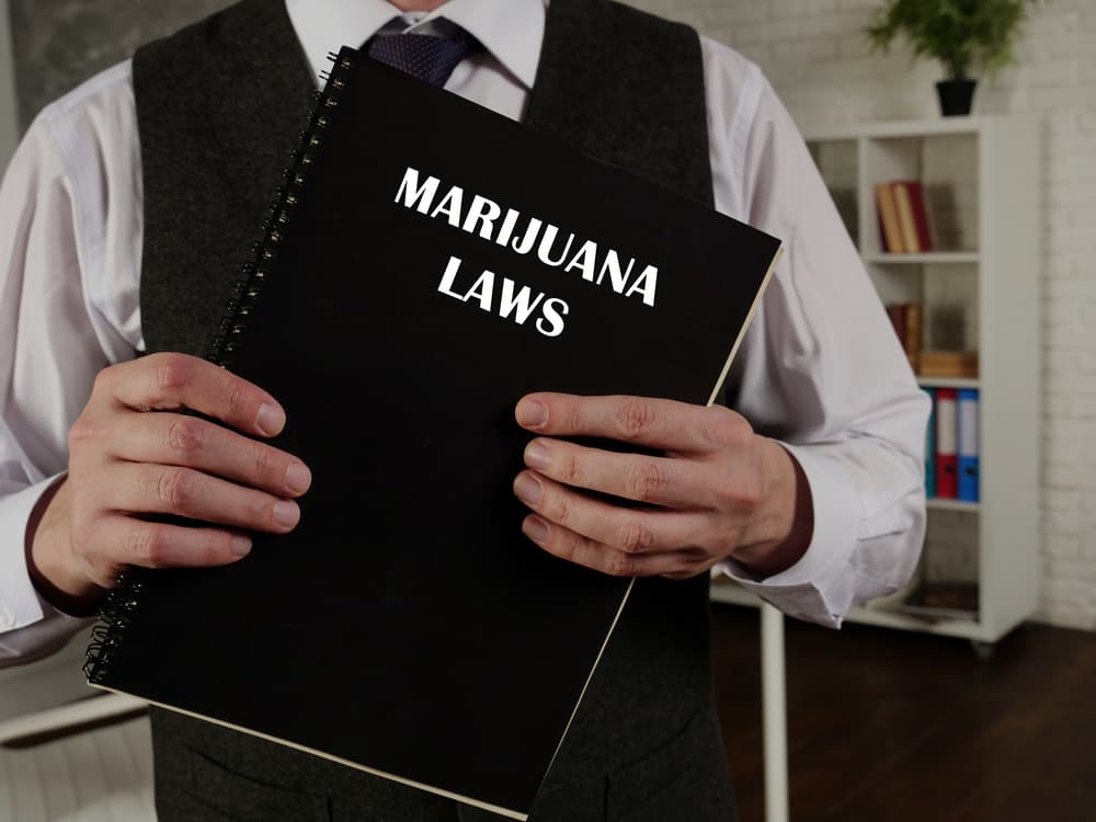 A lawyer holds a book titled MARIJUANA LAWS. Marijuana has been illegal in the United States.