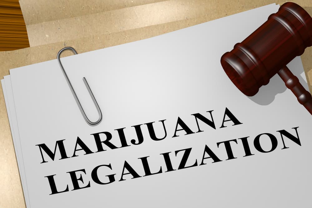 3D illustration of the title MARIJUANA LEGALIZATION on a legal document.