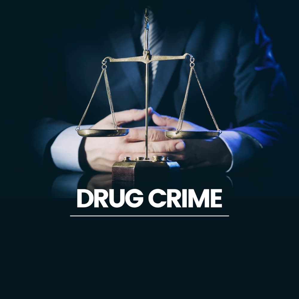 A conceptual image representing drug charges and legal defense, featuring a gavel, law books, scales of justice, and a briefcase. Keywords like "Drug lawyer," "Criminal defense," and "Legal representation" are visually emphasized, symbolizing professional legal services for drug-related offenses.