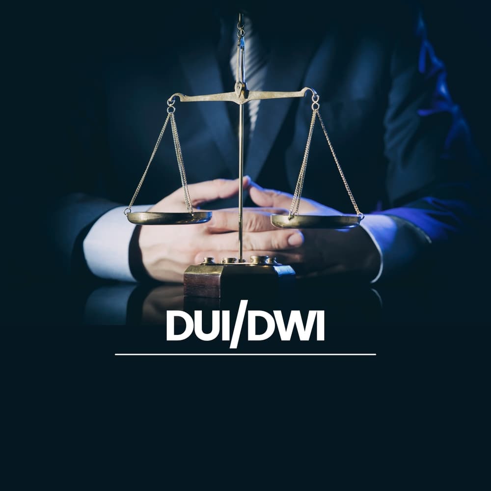 A high-quality image illustrating DUI and DWI concepts with legal elements, including scales of justice and a gavel, symbolizing criminal defense and legal representation.